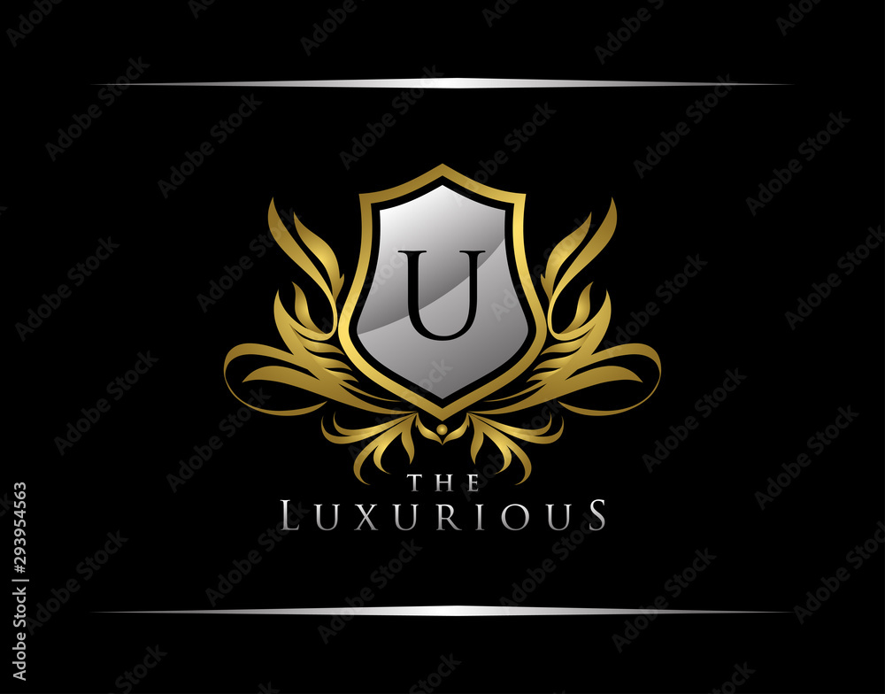 Classy Shield Logo with U Letter in Royal Badge Vector Logo Template Used for hotel, restaurant, boutique, jewellery invitation, business card etc