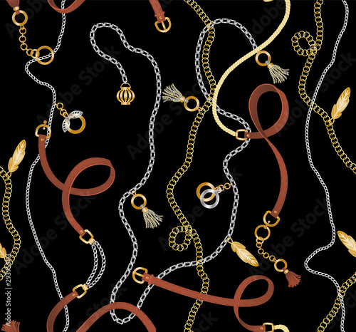 Leather belt elements, chains and braid for fabric on black seamless pattern background. Golden and silver jewelry. Fashion necklaces. Backdrop with chain belts with charms and leather tassels