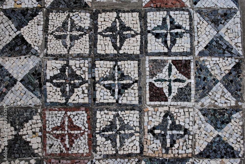 Stone mosaic. Decorative art. Finishing of ancient buildings.
