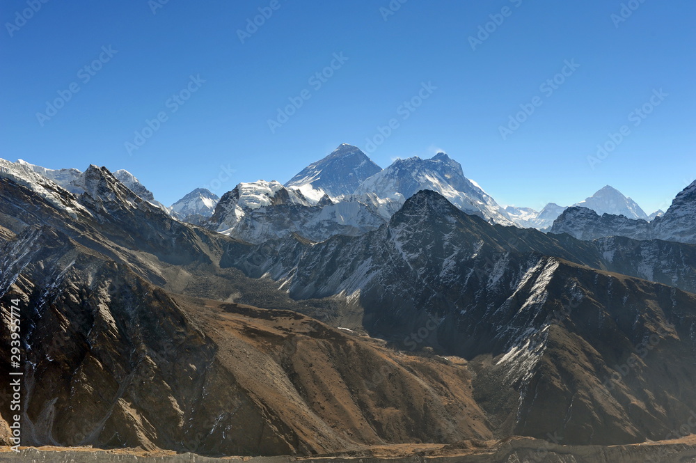 Nepal. Himalayas. Panorama of the Himalayan mountains from the top of Mount Gokyo. Trekking in the Himalayas.