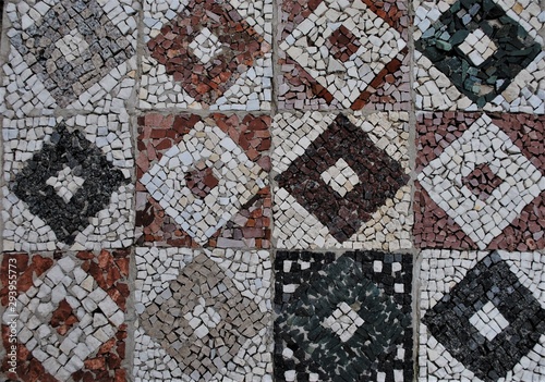 Stone mosaic. Decorative art. Finishing of ancient buildings.