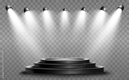 Round podium, pedestal or platform, illuminated by spotlights in the background. Vector illustration. Bright light. Light from above. Advertising place