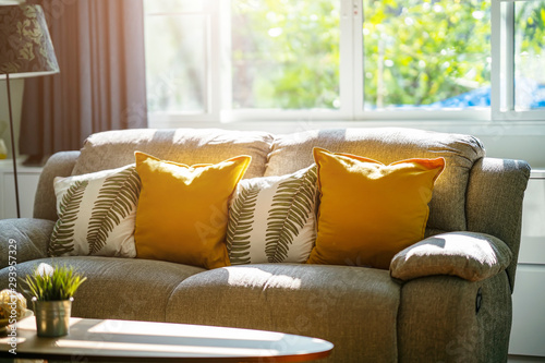 Vintage sofa and pillows in living room with sunlight in the morning. Relax corner concept.