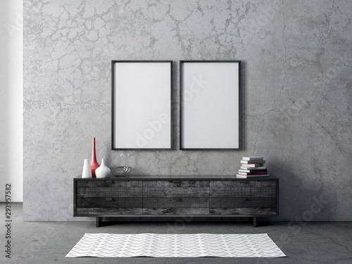 Fototapeta Naklejka Na Ścianę i Meble -  Two Wooden black vertical Frames Mockup hanging on the concrete  wall in modern living room