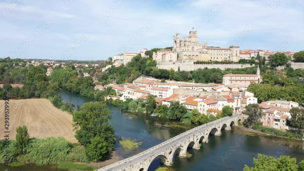 Aerial view of Beziers city with Saint-Nazaire Cathedral un old bridge Aerial view of Beziers city with Saint-Nazaire Cathedral un old bridge