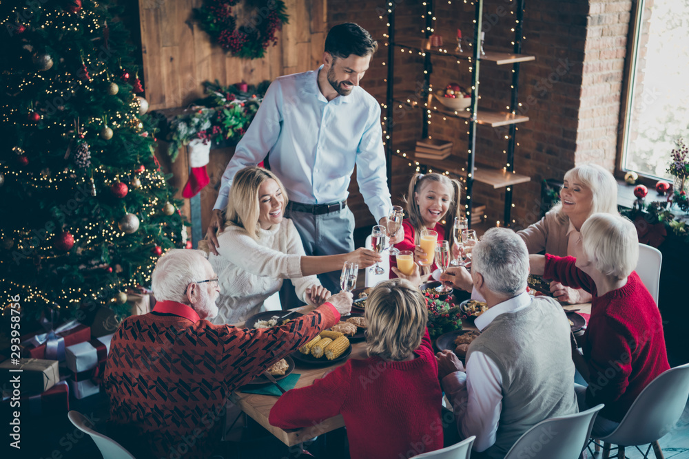Happy holidays. Photo of full family eight members gathering sit dinner table telling x-mas toasts clinking glasses multi-generation reunion in newyear atmosphere living room indoors Happy holidays. Photo of full family eight members gathering sit dinner table telling x-mas toasts clinking glasses multi-generation reunion in newyear atmosphere living room indoors