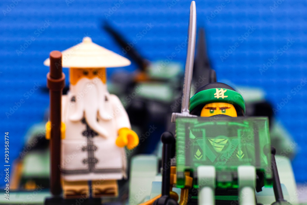 Tambov Russian Federation August 19 2017 Lego Ninjago Movie. The Green Ninja and Wu flying on Green Ninja Mech Dragon. Studio shot. Stock Adobe Stock