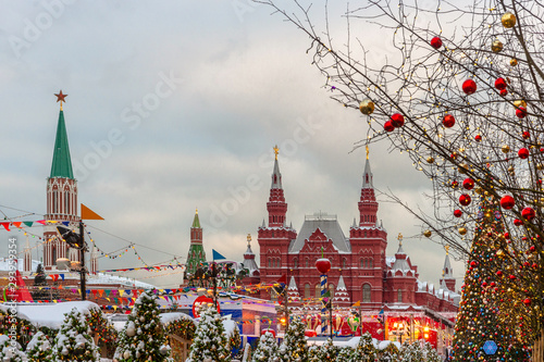 State Historical Museum on Red Square in Moscow decorated for New Year and Christmas holidays, Russia