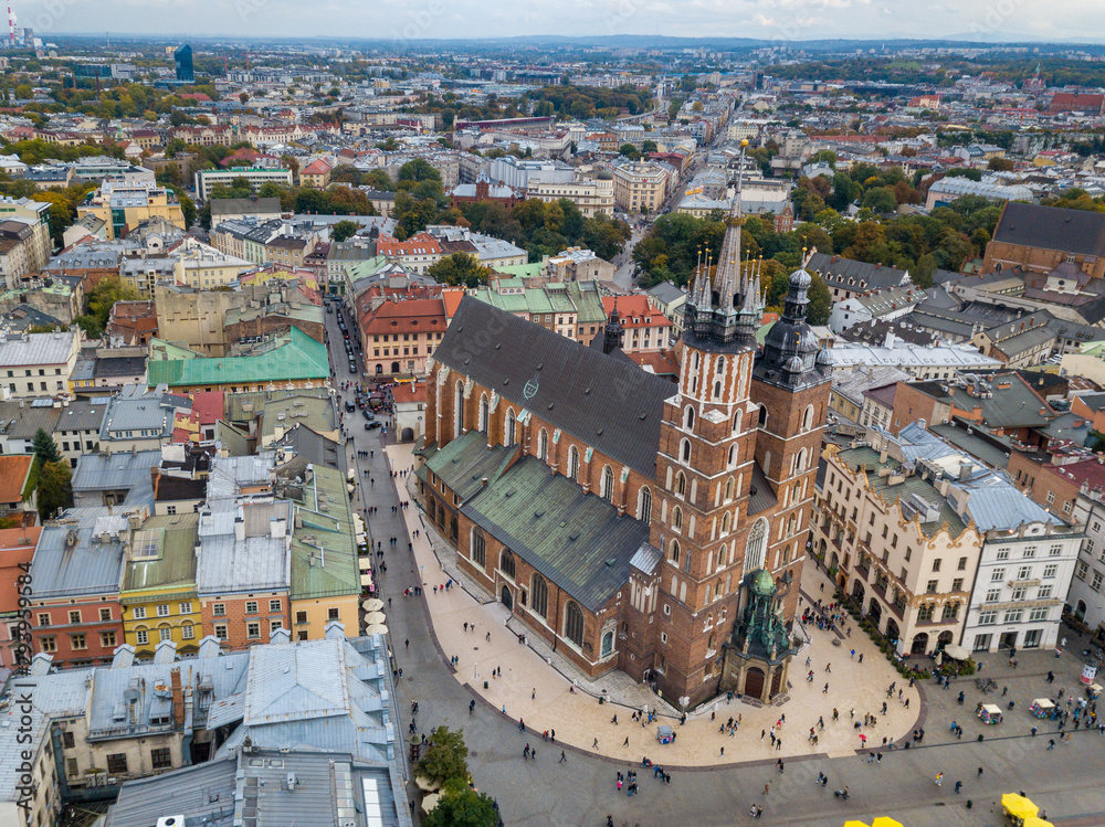 Aerial view of St. Mary's Church on the Main Square in Krakow, Poland