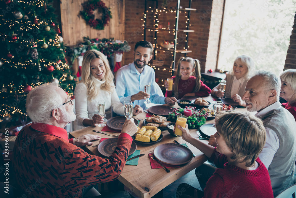 Nice lovely friendly idyllic cheerful cheery big full family spending christmastime day gathering tradition eating brunch drinking in modern industrial loft brick style interior decorated house
