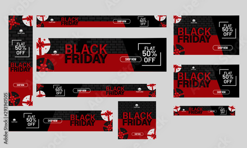 Collection of Black Friday sale banner, poster and template design, 50% discount offers with gift boxes on abstract background.