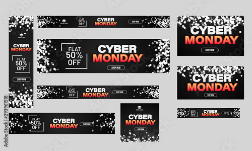 Set of Cyber Monday sale poster, banner and template design with flat 50% discount offer.