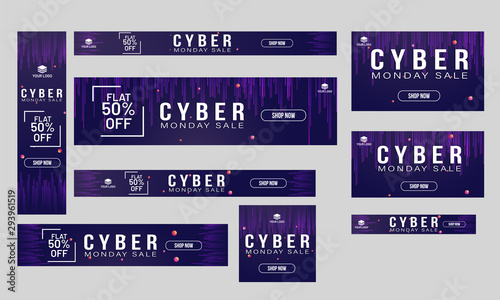 Website banner or poster collection flat 50% discount offer for Cyber Monday Sale.