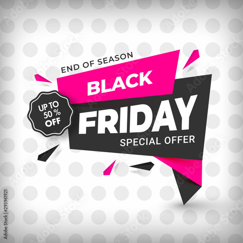Black Friday Sale template or poster design with 50% discount offer on dotted background.