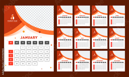 Complete set of 12 months, yearly calendar design with space for your image.