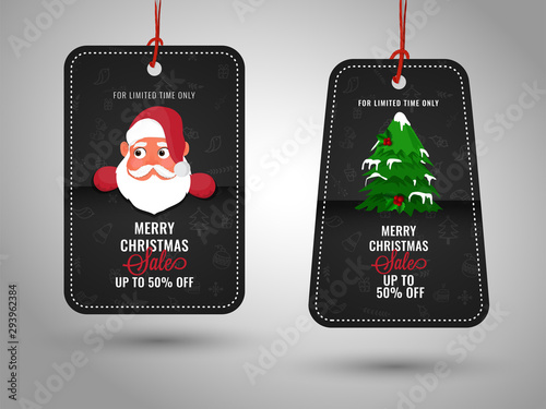 Limited time sale tag hang on glossy gray background with 50% discount offer for merry christmas festival.