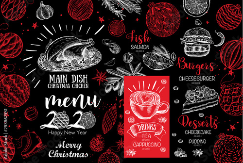 Christmas restaurant menu. Sketch illustration. Vector.