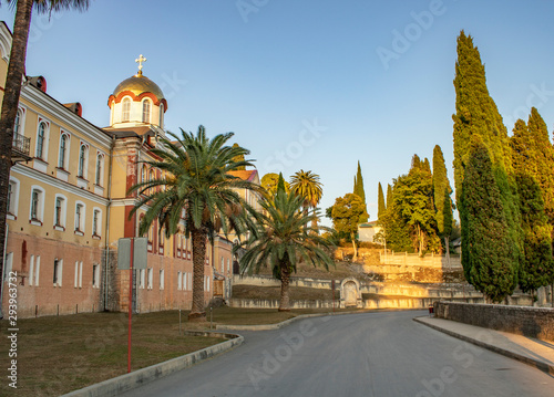 View from the road to the central part of the ancient male monastery, well preserved to this day in New Athos of Abkhazia
