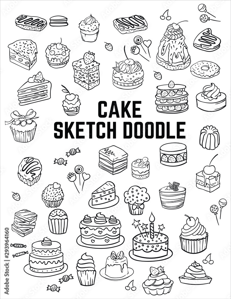 Cake sketch doodle icon set