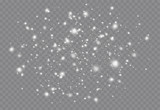 Snowfall with various shapes of snowflakes on transparent background. Christmas magic dust particles, lighting effects, flakes.