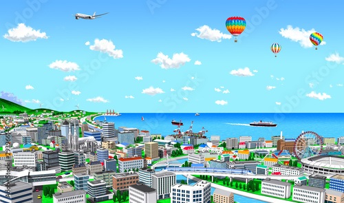 Sunny port town, jet plane and balloon in the sky, 3d render