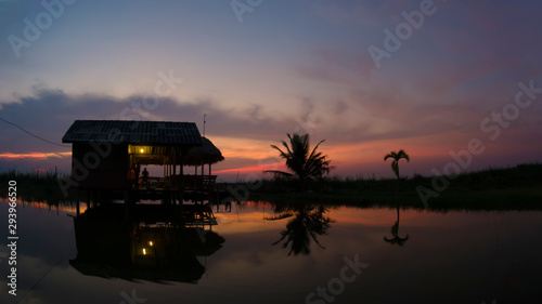 majestic sunset over the lake. overcast clouds in the sky, grass silhouette, glowing in sunlight. picturesque dramatic scene. beauty in the world. © Thongtawat