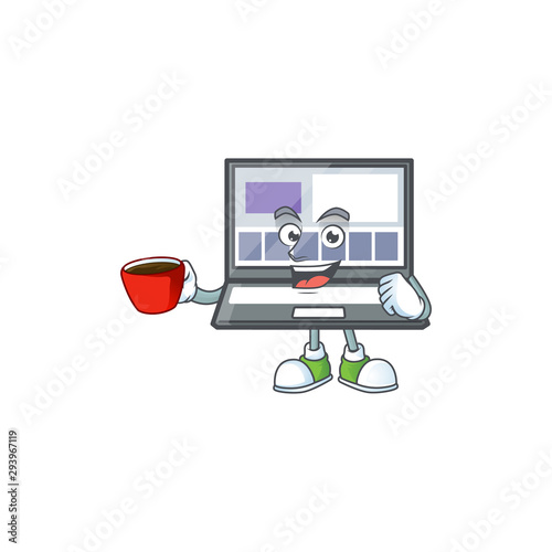 Drinking in cup technology laptop with character mascot shape