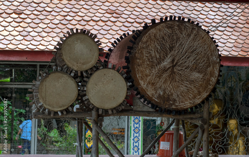 Naklejka premium Huge outdoor drums at Wat Chiang Man, Chiang Mai, Thailand