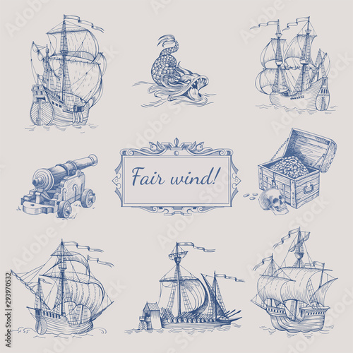 Adventure stories. Pirate background. Vintage border frame. Old caravel, vintage sailboat, sea monster.