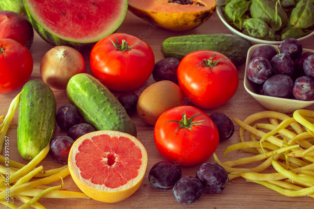healthy diet, kitchen table full of fruits and vegetables healthy diet, kitchen table full of fruits and vegetables