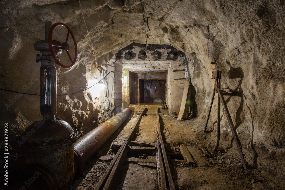 Underground mine ore shaft tunnel drift with rails underground