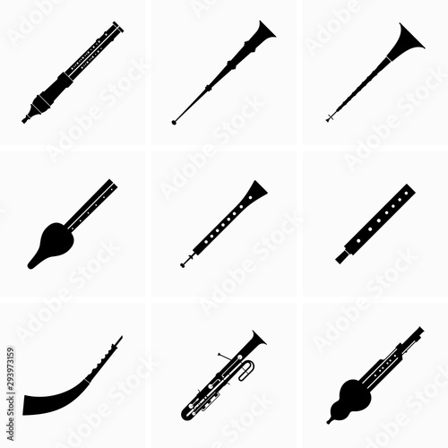 Set of brass and woodwind musical instruments