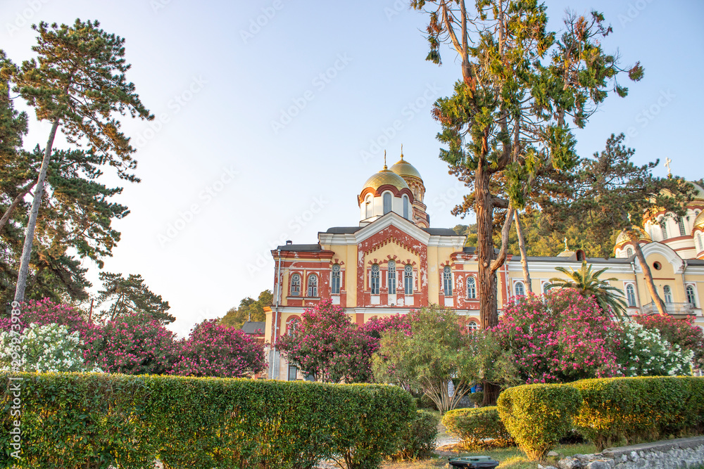 Ancient male monastery, well preserved to this day in New Athos of Abkhazia, right side view of the central part