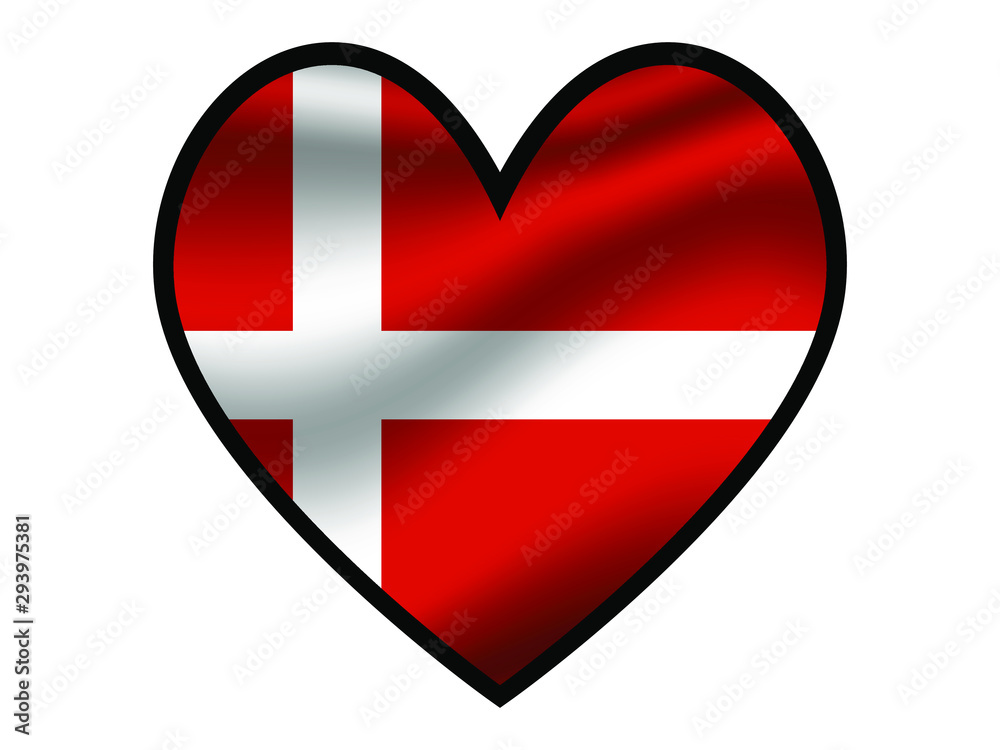 Denmark National flag inside Big heart. Original color and proportion. vector illustration, from world countries of all continent set. Isolated on white background