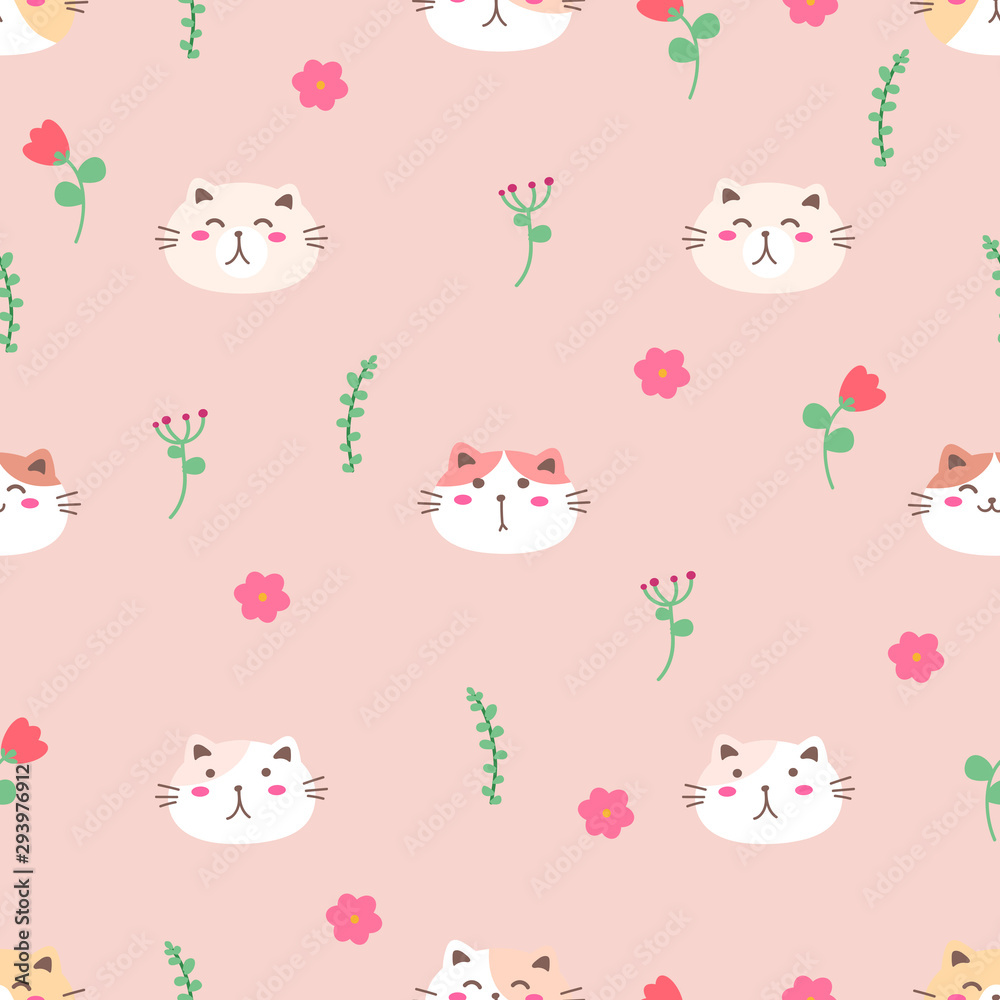 Cute cat seamless pattern background. Vector illustration.