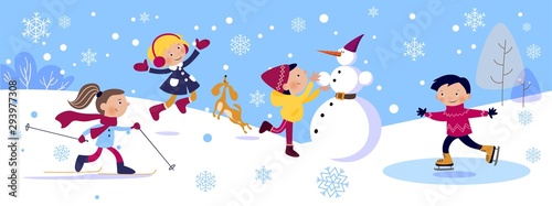 Vector illustration, kids playing on winter, card concept.