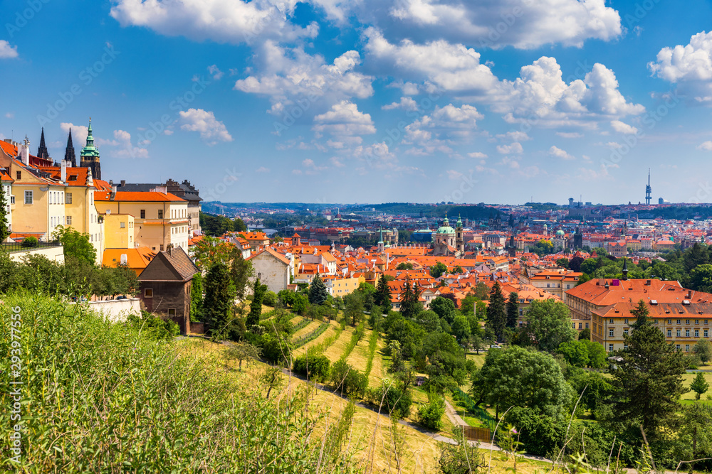 Prague Castle and Lesser Town panorama. View from Petrin Hill. Prague, Czech Republic. Spring Prague panorama from Prague Hill with Prague Castle, Vltava river and historical architecture. Czechia.