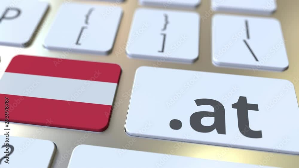 Austrian domain .at and flag of Austria on the buttons on the computer keyboard. National internet related 3D animation