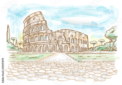 Rome Colosseum hand drawn watercolor