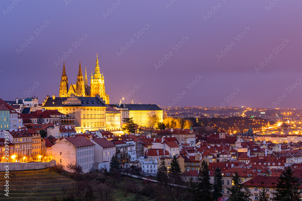 Prague Castle and Lesser Town panorama by night. View from Petrin Hill. Prague, Czech Republic. View of Prague Castle from Strahov monastery at night. Prague, Czech Republic