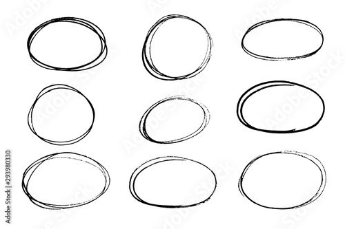Set of balck grunge oval, circle. Hand sketched design element.