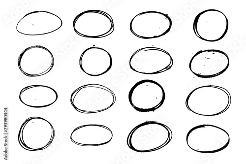 Set of balck grunge oval, circle. Hand sketched design element.