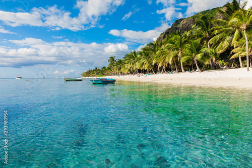 Fototapeta Naklejka Na Ścianę i Meble -  Beautiful view of luxury beach in Mauritius. Transparent ocean, beach, coconut palms and sky