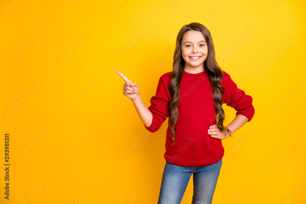 Portrait of confident cool kid promoter point index finger copyspace demonstrate choice decision advertise promo wear stylish style outfit denim jeans isolated over yellow color background Portrait of confident cool kid promoter point index finger copyspace demonstrate choice decision advertise promo wear stylish style outfit denim jeans isolated over yellow color background