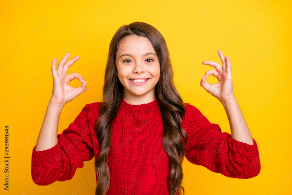 Portrait of positive cheerful sweet cool kid future promoter show ok sign recommend adverts advise advice select suggest excellent promo wear style outfit isolated over yellow color background Portrait of positive cheerful sweet cool kid future promoter show ok sign recommend adverts advise advice select suggest excellent promo wear style outfit isolated over yellow color background