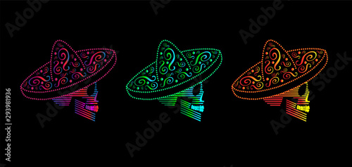 Mexican skull icons with sombrero neon colors