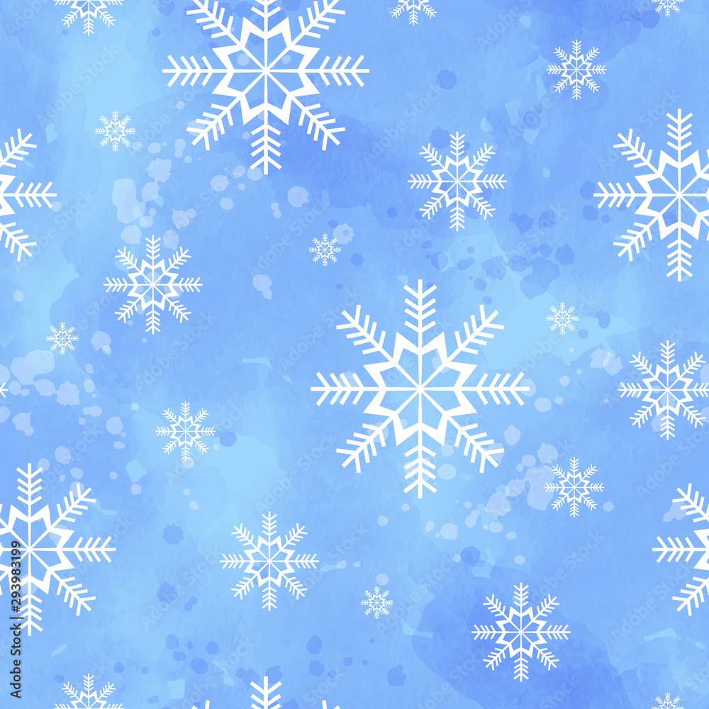 Winter seamless pattern with snowflakes on a blue watercolor background. Winter seamless pattern with snowflakes on a blue watercolor background.