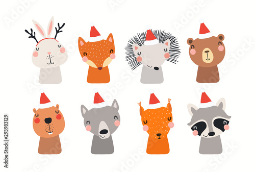 Christmas set with cute animals in Santa Claus hats. Isolated objects on white background. Hand drawn vector illustration. Scandinavian style flat design. Concept, element for kids print, invite, card