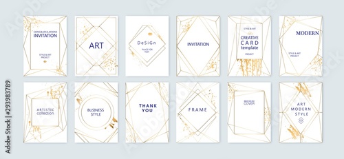 Modern card design. Hand drawn splatters. Gold, white brochure, flyer, invitation template. Business identity style. Geometric shape. Vector.