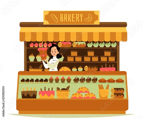 Bakery shop - cartoon chef baker woman holding big cake standing behind counter